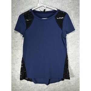 Express Women's Lace Detail Blouse Short Sleeve Round Neck Navy Blue Size XSmall